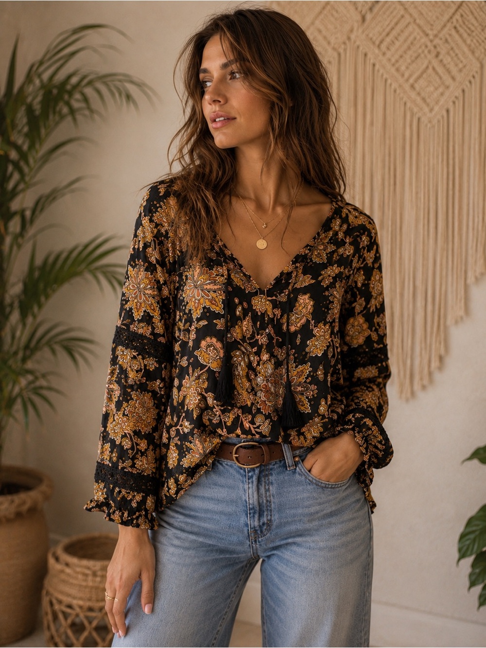 Cleo‎ Petites Floral Boho Blouse Gold Lurex Tassel Tie Neck Flowy Peasant Top L